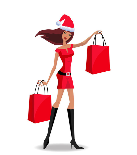santa girl character in red dress and santa hat holding red shop - Vecteur, image