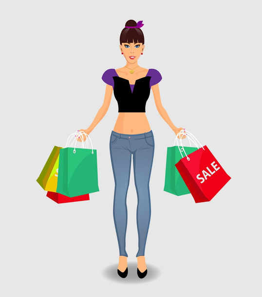 женщина в джинсе и топ держащие цветные сумки для покупок
  - Вектор,изображение