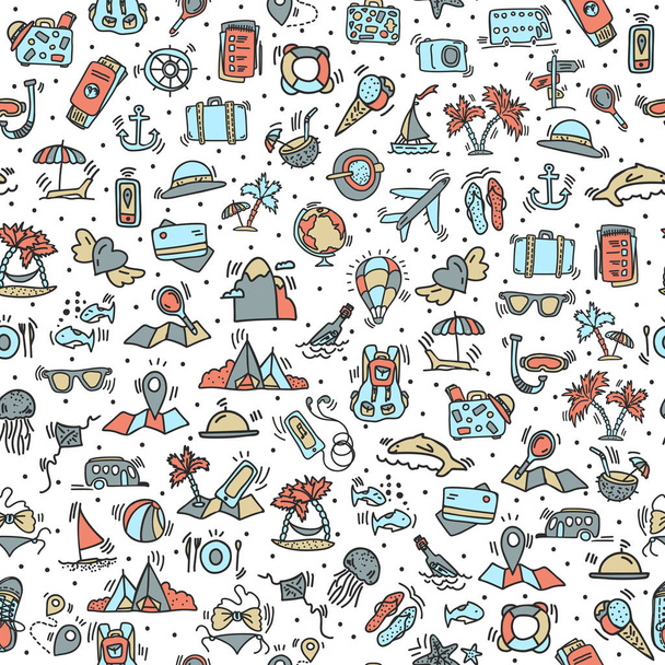 Travel and summer seamless pattern, journey and trip background. Adventure time pattern in hand draw style, vector sketch elements on repeatable pattern - Vektor, Bild