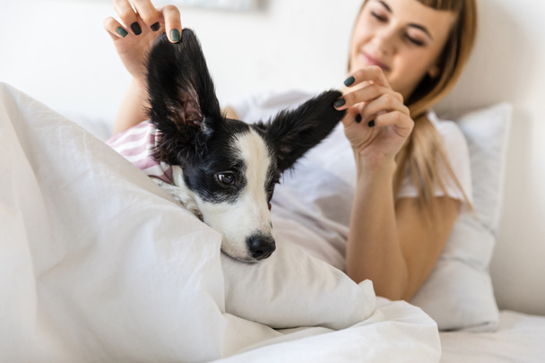 selective focus of young woman holding puppys ears while lying in bed - Foto, immagini