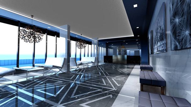 3D-Rendering der Hotel-Lobby mit Hotelrezeption. Interieur des großen Platzes mit vielen hochwertigen Materialien, Marmor, Gold, Leder.  - Foto, Bild