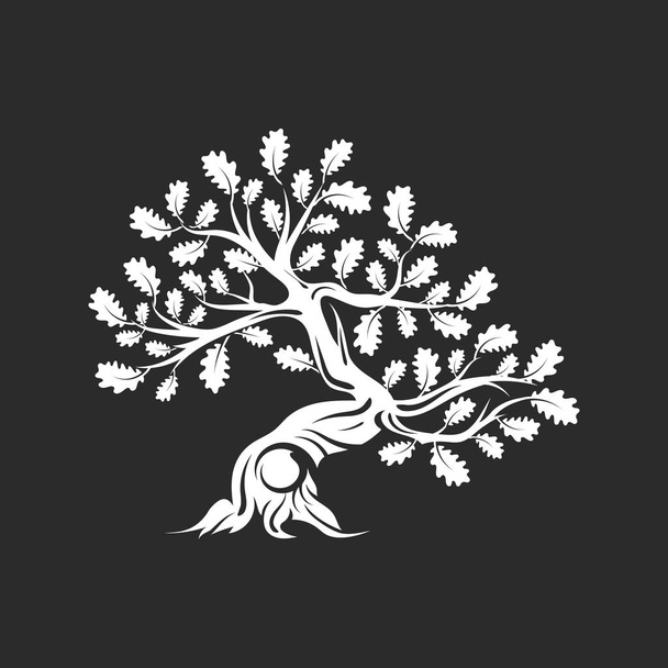 Huge and sacred oak tree silhouette logo isolated on dark background. Modern vector national tradition green plant icon sign design. Premium quality organic logotype flat emblem illustration. - Vektor, kép