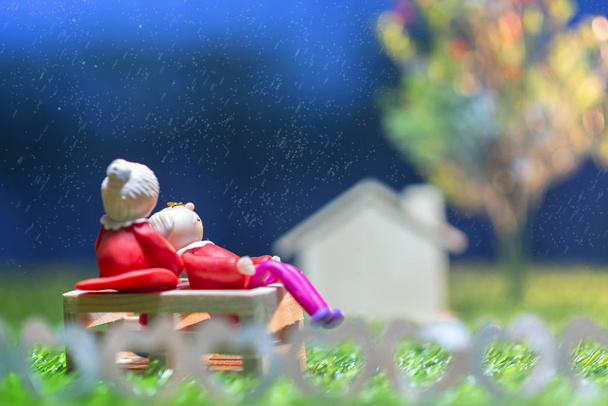 Старая кукла пожилой пары наблюдает ночное небо на зеленой траве
. - Фото, изображение