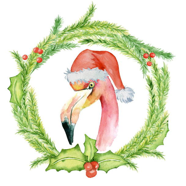 Christmas pink flamingo in santa hat watercolor illustration - 写真・画像