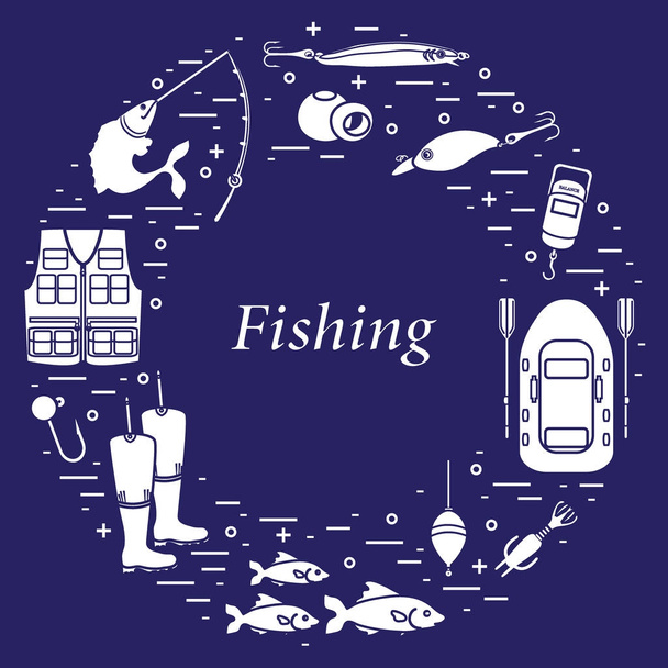 Different tools for fishing arranged in a circle. - Wektor, obraz