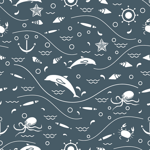Cute seamless pattern with dolphins, octopus, fish, anchor, helm - Vector, afbeelding