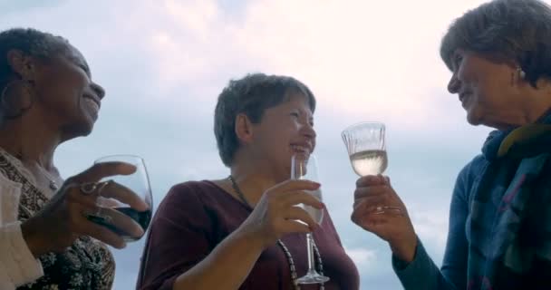 Alhainen kulma kolme kypsää naista paahtaminen juomien kanssa ulkona
 - Materiaali, video