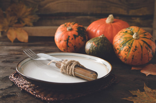 Autumn Halloween or thanksgiving day table setting. Thanksgiving - Photo, Image