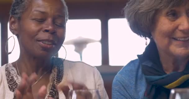 Mixed racial group of older women talking and smiling with drinks - Séquence, vidéo