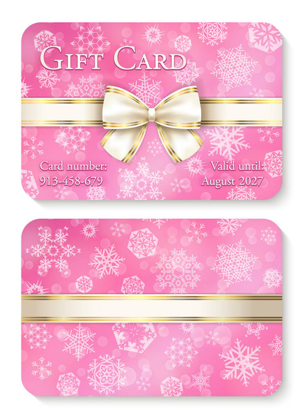 Luxe roze kwarts cadeau Kerstkaart met witte sneeuwvlokken in achtergrond en room lint als decoratie - Vector, afbeelding