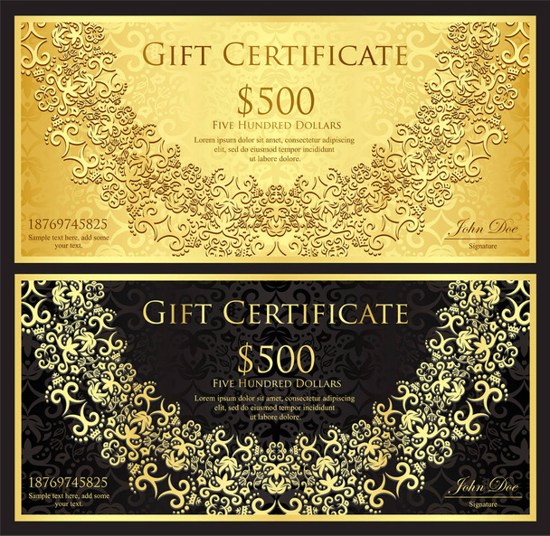 Certificat cadeau de luxe en or et noir avec décoration arrondie en dentelle et fond vintage
 - Vecteur, image