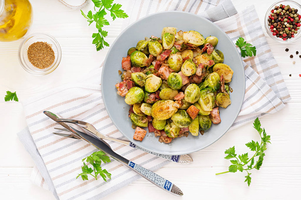 roasted brussels sprouts with bacon on plate  - Photo, Image