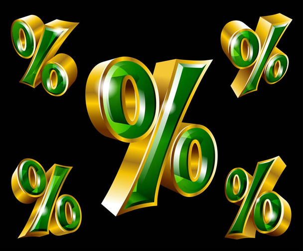 Vector golden percent sign in 3D style isolated on black background - Vector, Image