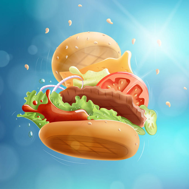 Flying Burger Blue Bokeh Background EPS10 - Vector, Image