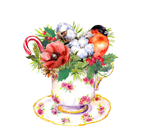 Christmas tea cup - bird, fir tree, mistletoe, cotton, new year candy cane. Vintage watercolor for tea time - Valokuva, kuva
