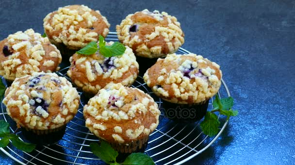 heerlijke zelfgemaakte muffins met bosbessen op metalen raster - Video