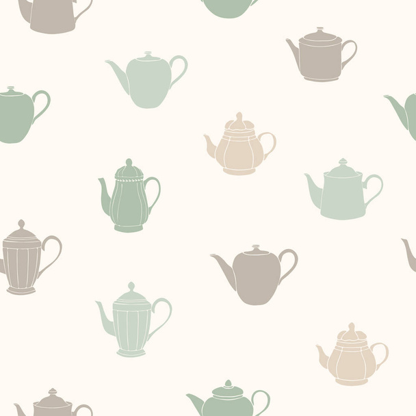 Vector illustration. Tea pots silhouettes seamless pattern. Paper design. Fabric print. - Vector, Image