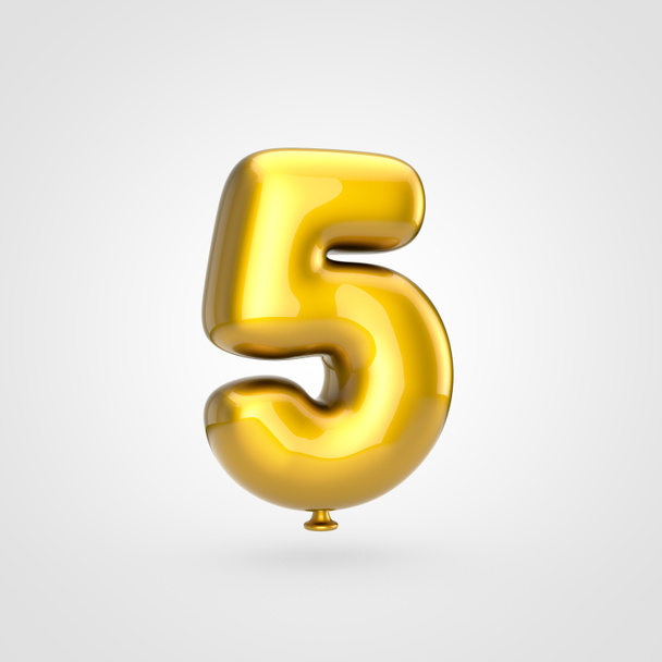 3d render of glossy golden inflated font with glint on white background, balloon design number 5 - Photo, Image