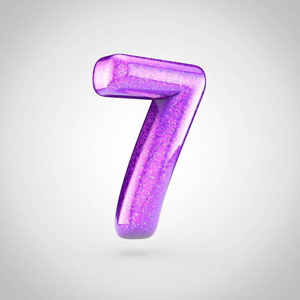 glanzende violet lettertype ontwerp op witte achtergrond, 3d render van glinsterende nummer 7 - Foto, afbeelding