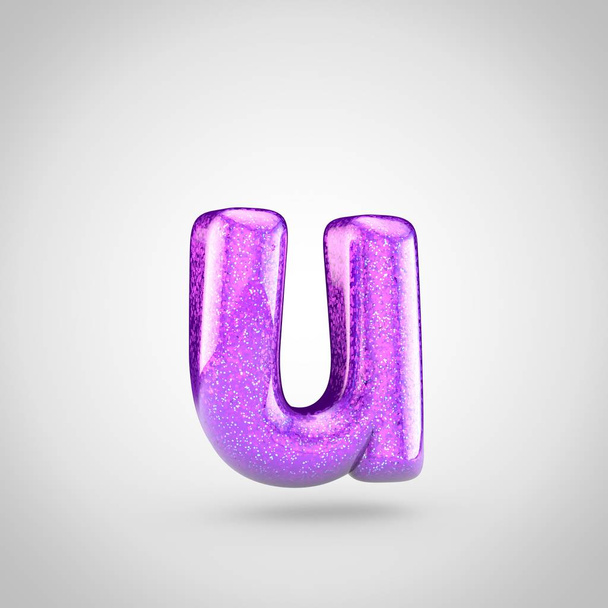 白い背景に、きらびやかな小文字 U 上のきらめく光沢のある紫フォントの 3 d レンダリング - 写真・画像