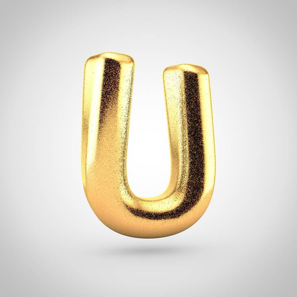 3D render błyszczący złoty metaliczny czcionki z migot na białym tle, projektowania balon litery U - Zdjęcie, obraz