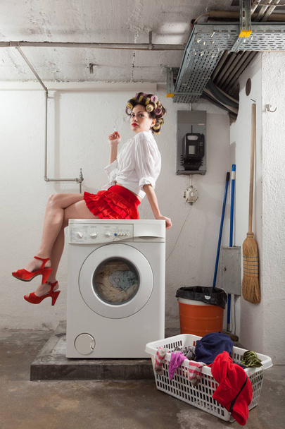 portrait of pretty woman in laundry - Photo, Image
