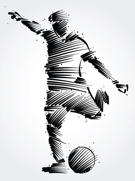 futbolista corriendo para patear la pelota hecha de pinceladas negras sobre fondo claro
 - Vector, imagen