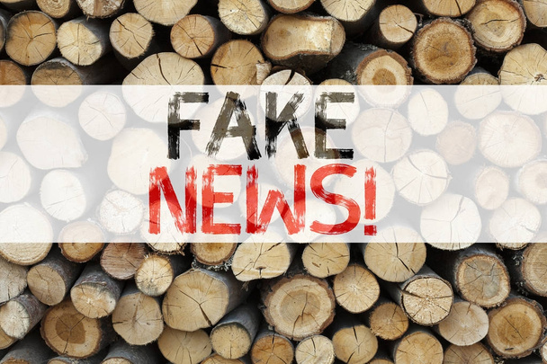 Εννοιολογική ανακοίνωση κειμένου Λεζάντα έμπνευση δείχνει ψεύτικο νέα επιχειρηματική ιδέα για προπαγάνδα εφημερίδα Fake News γραμμένο σε ξύλινα φόντο με αντίγραφο χώρου - Φωτογραφία, εικόνα