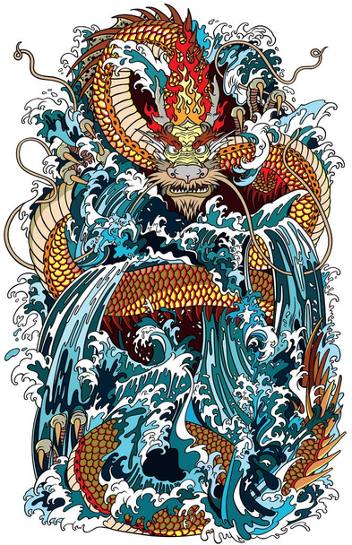 Drago d'acqua giapponese una creatura mitologica tradizionale divinità nel mare o spruzzi di fiume. Tatuaggio stile vettoriale illustrazione
 - Vettoriali, immagini