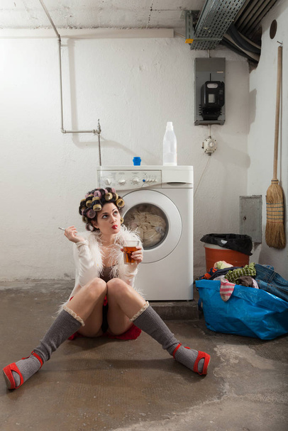 portrait of pretty woman in laundry - Φωτογραφία, εικόνα