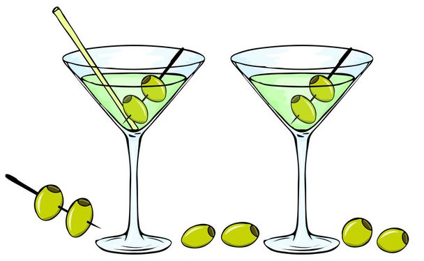 Набор из двух бокалов мартини с желтой соломой и зелеными оливками. Бокал мартини. Алкогольный коктейль. Эскиз, элемент дизайна меню для баров и ресторанов. Vetor Eps 10
 - Вектор,изображение