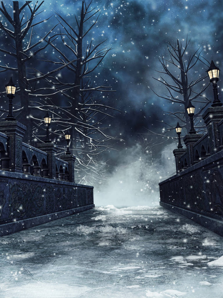 Pejzaż zimowy z snowy most i gotyckiej latarnie w nocy - Zdjęcie, obraz