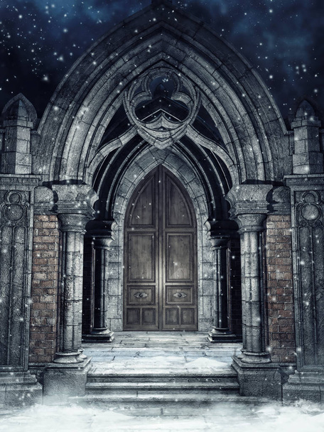 Havas táj-val egy kő a gótikus kapu éjjel - Fotó, kép