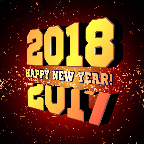 Congratulazioni per il nuovo anno 2018, che va dopo il 2017. Numeri di Capodanno vettoriale con particelle che volano via dall'esplosione
. - Vettoriali, immagini