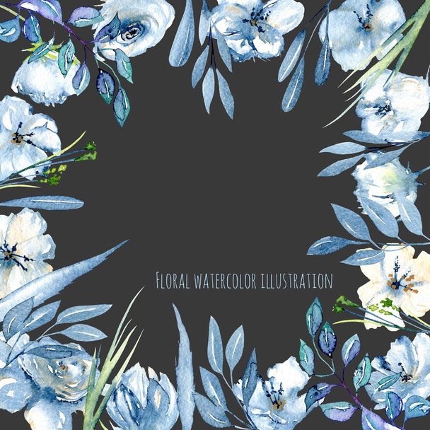 Keretszegély egyszerű akvarell kék rózsa és a vadvirágok, levelek és a fű, kézzel festett sötét háttér előtt, sablon virág rajzolatú kártyák - Fotó, kép