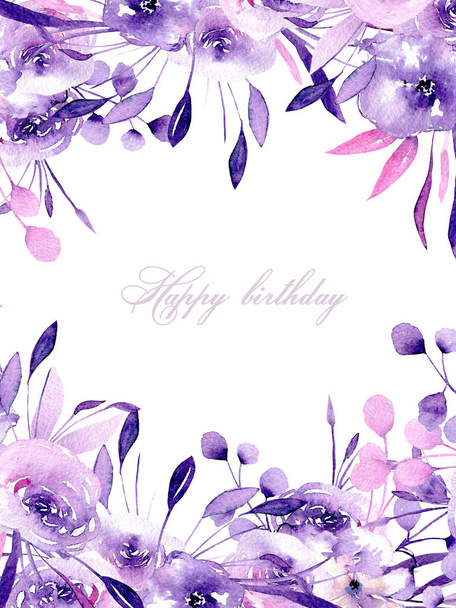 Floral design card with watercolor purple roses and herbs, hand drawn on a white background, for wedding, birthday and other greeting cards  - Photo, Image