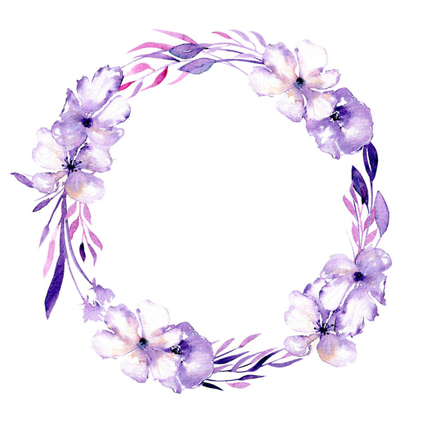 Watercolor purple rhododendron flowers wreath, hand drawn isolated on a white background, for wedding, birthday and other greeting cards  - Foto, afbeelding