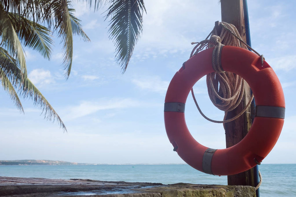Красный буй для спасения жизни на пляже
. - Фото, изображение