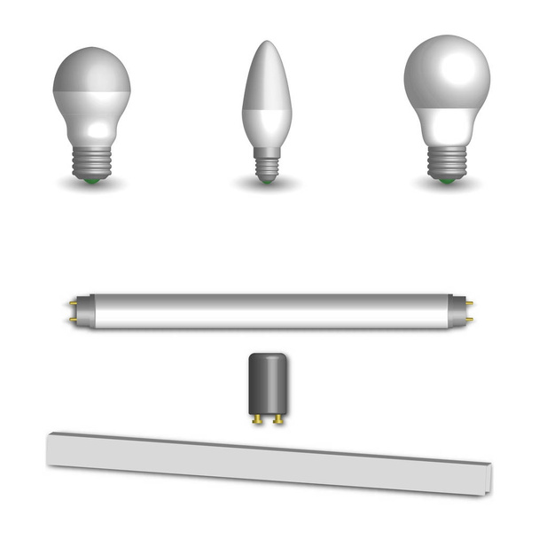 Conjunto de diferentes lâmpadas LED e fluorescentes em 3D, ilustração vetorial
. - Vetor, Imagem