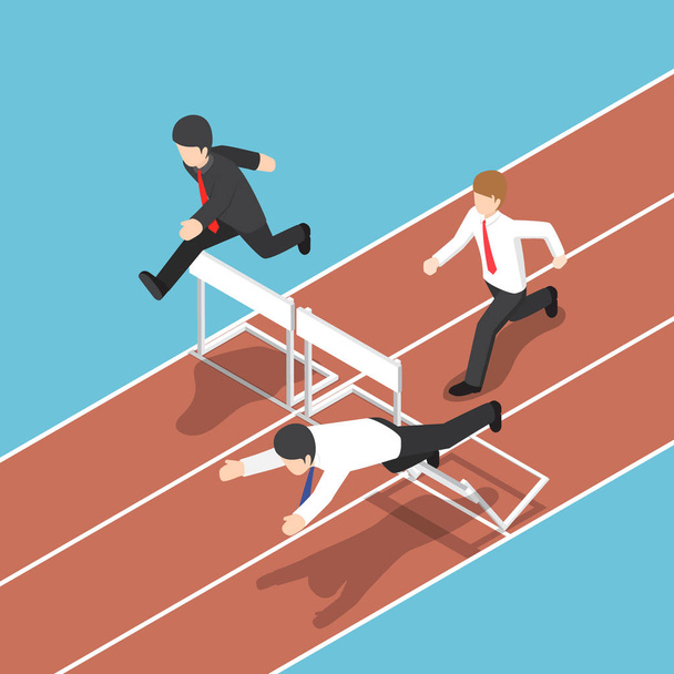 Isometric businessman running with obstacle in hurdle race. - Vector, Image