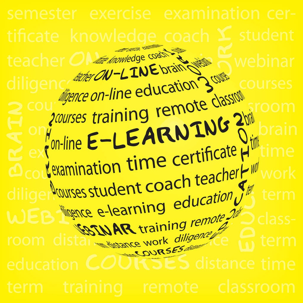 Távoktatás fogalmának. Távoktatás koncepció a szó tag felhő sárga háttéren. Az E-learning koncepció. - Vektor, kép