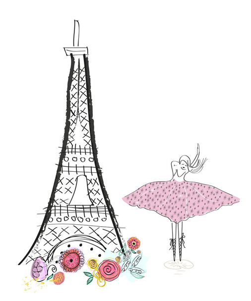 Eiffelturm und Frühlingsblumen und Balletttänzer. Hand gezeichnet Vektor Illustration Grußkarte. - Vektor, Bild