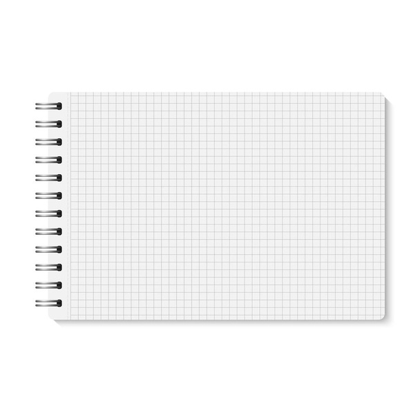Vector white realistic opened spiral bound notebook. Horizontal blank copybook with metallic silver spiral. Template (mock up) of organizer or diary isolated. Horizontal cell lined notepad. A5 - Vector, Image