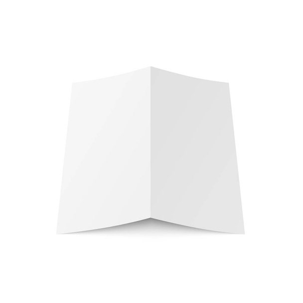 Векторний порожній білий двократний буклет, відкритий на білому тлі. Задній бік. Два складених паперових аркуша в А4. Макет порожньої кришки або флаєра ізольовано. 3D ілюстрація
 - Вектор, зображення