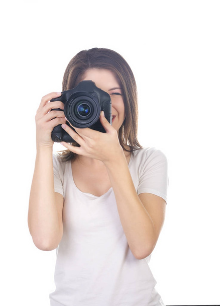 giovane donna fotografo girato in studio di sfondo
 - Foto, immagini