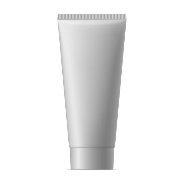 Realistic mock up of package. Vector gray mat plastic tube with cap for cosmetics, body cream, skin care, gel, lotion, glue, toothpaste. Front side view. 3D illustration. - Vector, Image