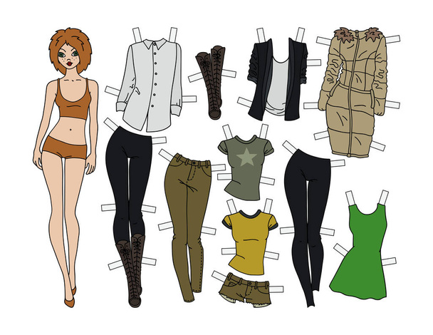 Redhead paper doll with cutout clothes - Vector, Image