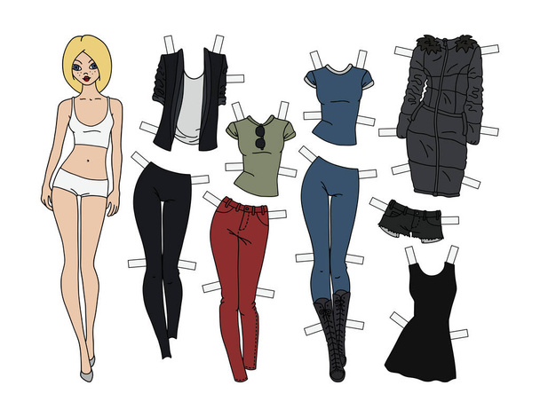 Blonde paper doll with cutout clothes - Vector, Image