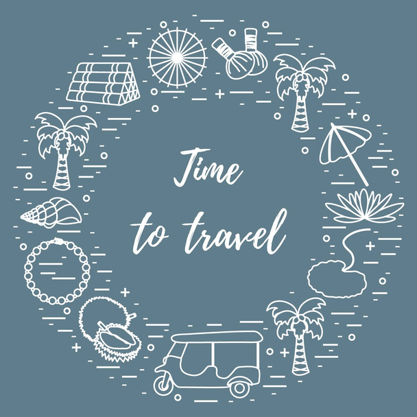 Vacation and travel elements arranged in a circle. - Вектор, зображення