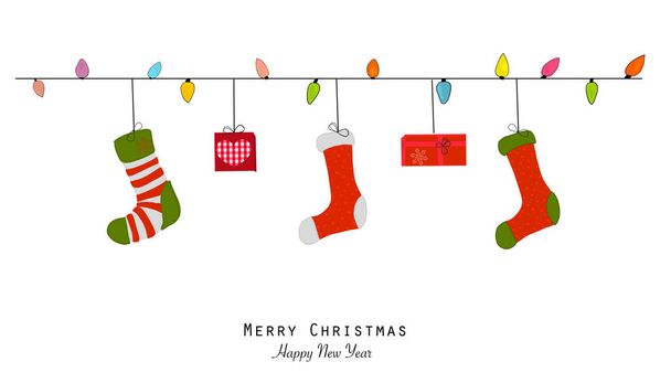 Buon Natale e felice anno nuovo biglietto di auguri. Lampadina, calzini natalizi e confezione regalo
 - Vettoriali, immagini